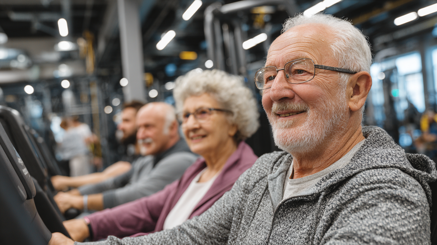 Група старших людей виконує фітнес-вправи в затишному залі